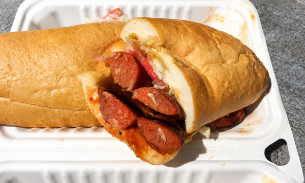 Classic Hot Link Sandwich — Grilled Spicy Beef, Mustard, Grilled Onions & Pickles