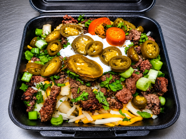 Loaded Fries — Crispy Golden Fries, Seasoned Steak, Melted Cheese, Sour Cream & Jalapeños